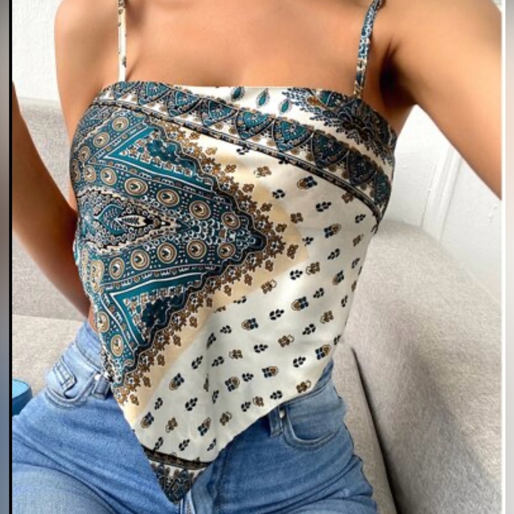 Shein Scarf Print Tie Back Satin Cami Bandanna Top L